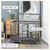 PawHut Heavy Duty Dog Crate w/ Wheels, Openable Top, Removable Tray, Bowl, for Large Dogs-Sized Dogs, 36.4" x 24.4" x 31.1"(m-9)