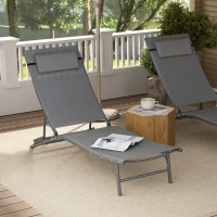 Outsunny Folding Outdoor Chaise Lounge Chair Set of 2 with Adjustable Backrest, Headrest, Mesh Seat for Beach, Poolside, Grey(m-10)