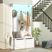 HOMCOM 3-In-1 Entryway Bench with LED Lights and Coat Rack, Hall Tree with Bench and Shoe Storage, 5 Hooks for Hallway White(m-10)