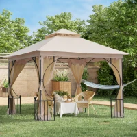 Outsunny 10' x 10' Patio Gazebo, Double Roof Outdoor Gazebo Canopy Shelter with Netting, Steel Corner Frame for Garden, Lawn, Backyard and Deck, Beige(m-3)