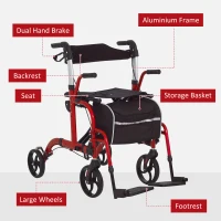 HOMCOM Rollator Walker with Seat, Folding Rolling Walker with 8" Wheels, Walker for Seniors with Adjustable Height, Red(m-9)