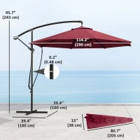Outsunny 9.5' Cantilever Umbrella with Wind Protection Strap and Cover, Hanging Umbrella with Crank and Cross Base, UPF 50+, Red(m-3)