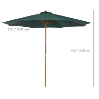Outsunny 10FT Round Patio Umbrella with Rope Pulley Mechanism, Wooden Market Umbrella, Garden Parasol with 8 Ribs, Dark Green(m-3)