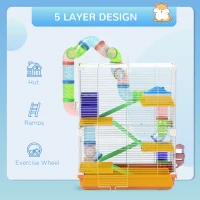 PawHut 5 Tiers Hamster Cage Portable with Exercise Wheels Play Tube Water Bottle Dishes House Ladder for Gerbils, Orange(m-6)