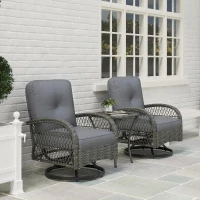 Outsunny Wicker Balcony Furniture with 2 Swivel Rocking Chairs and 2-Tier Glass Coffee Table, 3 Piece Patio Set for Porch, Grey(m-9)