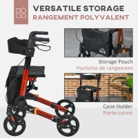 HOMCOM Rollator for Seniors with Seat, Back, Cane Holder, Aluminium Folding Rolling Walker with Adjustable Handle, Bag, Red(m-5)
