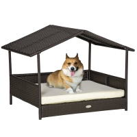 PawHut Wicker Dog House Outdoor with Canopy, Rattan Dog Bed with Water-resistant Cushion, Raised Dog Bed for Small, Medium Dogs up to 66 lbs, 19.75" in Length, Brown Wicker, White Cushion
