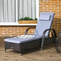 Outsunny Outdoor Lounger, Deck Lounge Chair with Headrest, 5-Level Adjustable, Backrest, Wheels, Deep Coffee and Silver Grey(m-8)