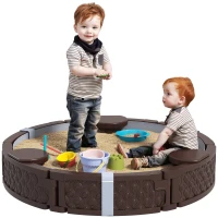 Qaba 47" Round Kids Sandbox with Cover, 3 Seats, Waterproof Bottom Liner, for Backyard, Lawn, Garden, Beach, Patio, Brown(m-11)