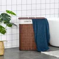 HOMCOM Bamboo Laundry Basket with Lid and String Handles, Collapsible Laundry Hamper with 2 Removable Bags, Brown(m-8)