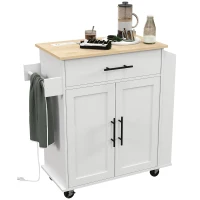 HOMCOM Rolling Island with Wheels for Kitchen, Kitchen Island on Rollers with Power Outlets, Drawer, and Doors, White(m-1)