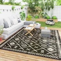 Outsunny Reversible Outdoor Rug, Waterproof Plastic Straw with Carry Bag, 9' x 12', Black & Beige Rhombus(m-10)