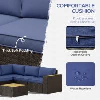 Outsunny 6 Pieces Outdoor Rattan Patio Furniture Set with Corner Sofa, Wood-Plastic Coffee Table, Navy Blue(m-6)