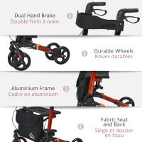 HOMCOM Rollator for Seniors with Seat, Back, Cane Holder, Aluminium Folding Rolling Walker with Adjustable Handle, Bag, Red(m-6)