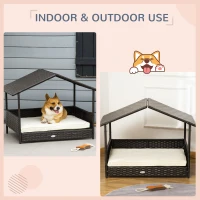 PawHut Wicker Dog House Outdoor with Canopy, Rattan Dog Bed with Water-resistant Cushion, Raised Dog Bed for Small, Medium Dogs up to 66 lbs, 19.75" in Length, Brown Wicker, White Cushion(m-4)