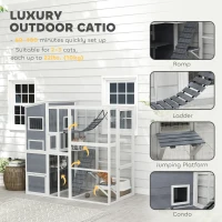 PawHut 76" Catio Outdoor Cat Enclosure with Cat Condo, Jumping Platforms, Ladder, Ramps, Hammock for 2-3 Indoor Cats, Grey(m-4)