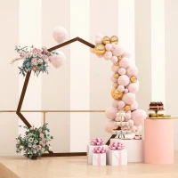 Outsunny 7FT Heptagon Wooden Wedding Arch with Triangular Base, Ground Stakes for Ceremony, Garden, Birthday, Brown(m-8)