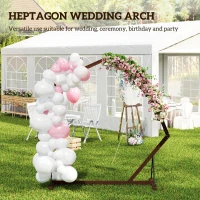 Outsunny 7FT Heptagon Wooden Wedding Arch with Triangular Base, Ground Stakes for Ceremony, Garden, Birthday, Brown(m-4)