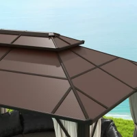 Outsunny 10' x 13' Hardtop Gazebo Canopy with UPF30+ Double Polycarbonate Roof, Aluminum Frame, Netting and Curtains, Beige(m-9)