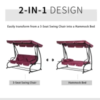 Outsunny 3-Seat Outdoor Patio Swing Chair, Converting Flatbed, Outdoor Swing Glider with Adjustable Canopy, Removable Cushion and Pillows, for Porch, Garden, Poolside, Backyard, Red(m-4)