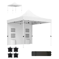 Outsunny 10' x 10' Heavy Duty Pop Up Canopy Tent w/ Sidewall, UPF50+ Instant Sun Shelter w/ Storage Pockets, Wheeled Bag, White(m-11)