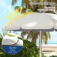 Outsunny 5.7' Beach Umbrella for Travel with Tilt, Adjustable Height, 2 Cup Holders, Hooks, Vent, Ruffles, Cream White(m-4)