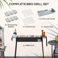 Outsunny Portable BBQ Grill, Charcoal Grill with Side Seasoning Baskets, Hooks and Nets for Outdoor, Picnic, Camping, Black(m-4)