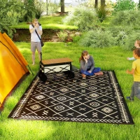 Outsunny Reversible Outdoor Rug, Waterproof Plastic Straw with Carry Bag, 9' x 12', Black & Beige Rhombus(m-2)
