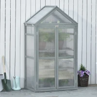 Outsunny 32" x 19" x 54" Garden Wood Cold Frame Greenhouse Flower Planter with Adjustable Shelves, Double Doors, Grey(m-7)