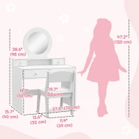 Qaba Kids Vanity Set, Children Makeup Table with Mirror, Stool and Storage Drawers, for Ages 3-8, White(m-3)