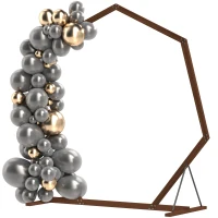 Outsunny 7FT Heptagon Wooden Wedding Arch with Triangular Base, Ground Stakes for Ceremony, Garden, Birthday, Brown(m-11)