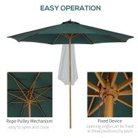 Outsunny 10FT Round Patio Umbrella with Rope Pulley Mechanism, Wooden Market Umbrella, Garden Parasol with 8 Ribs, Dark Green(m-5)