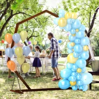 Outsunny 7FT Heptagon Wooden Wedding Arch with Triangular Base, Ground Stakes for Ceremony, Garden, Birthday, Brown(m-10)