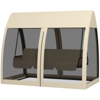 Outsunny 3-Seater Outdoor Swing Chair Chaise Lounger Bed Garden Hammock with Steel Stand, Canopy Netting Walls, Beige(m-2)