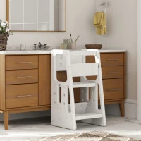 Qaba Toddler Kitchen Helper 2 Step Stool with Adjustable Height Platform and Safety Rail, White(m-8)