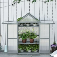 Outsunny 32" x 19" x 54" Garden Wood Cold Frame Greenhouse Flower Planter with Adjustable Shelves, Double Doors, Grey(m-2)