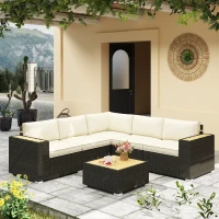 Outsunny 6 Pieces Outdoor Rattan Patio Furniture Set with Corner Sofa, Wood-Plastic Coffee Table, Light Khaki(m-8)