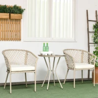 Outsunny 3 Pieces Patio Furniture Outdoor PE Rattan Bistro Set w/ Seat Cushions, Glass Table for Garden, Backyard, Beige(m-8)