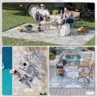 Outsunny Portable Outdoor Rug with Carry Bag, 9' x 12' Reversible Mat, Waterproof Plastic Straw RV Rug for Backyard, Deck, Picnic, Beach, Camping, Gray & White Flower(m-5)