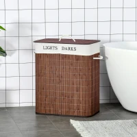 HOMCOM Bamboo Laundry Basket with Lid and String Handles, Collapsible Laundry Hamper with 2 Removable Bags, Brown(m-2)