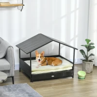 PawHut Outdoor Dog Bed Extendable Wicker Dog Bed w/ Waterproof Roof, Soft Cushion, for Small and Medium Dogs, Cream White(m-10)