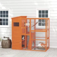 PawHut 76" Catio Outdoor Cat Enclosure with Cat Condo, Jumping Platforms, Ladder, Ramps, Hammock for 2-3 Indoor Cats, Orange(m-8)
