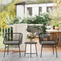 Outsunny 3 Piece Bistro Set, Wicker Outdoor Patio Furniture Set with Glass Top Table, Cushions for Balcony, Porch, Black(m-8)