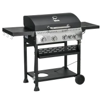 Outsunny 4 Burner Propane Gas Grill with Side Burner, 40,000 BTU Outdoor Barbeque with Shelves, Thermometer, Bottle Opener, Black(m-11)