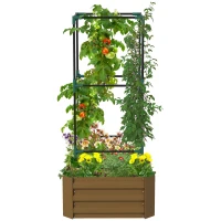 Outsunny Galvanized Planter Box, Outdoor Raised Garden Bed with 3-Tier Trellis Tomato Cage for Climbing Vines, Vegetables, Brown(m-11)