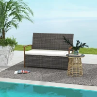 Outsunny Outdoor Rattan Bench with Cushion, Patio Loveseat, Patio Furniture, 50.2" x 25.2" x 31.9", Cream White(m-8)