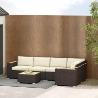 Outsunny 6 Pieces Outdoor Rattan Patio Furniture Set with Corner Sofa, Wood-Plastic Coffee Table, Light Khaki(m-9)