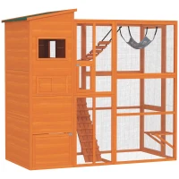 PawHut 76" Catio Outdoor Cat Enclosure with Cat Condo, Jumping Platforms, Ladder, Ramps, Hammock for 2-3 Indoor Cats, Orange(m-2)