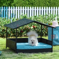 PawHut Wicker Dog House Outdoor with Canopy, Rattan Dog Bed with Water-resistant Cushion, Raised Pet Bed for Small, Medium Breeds up to 66 lbs, 20" in Length, Brown Wicker, Blue Cushion(m-10)