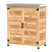Outsunny Wooden Storage Cabinet, Outdoor Prep Table w/ Metal Tabletop, Shelves and Double Doors for Patio, Garden, Natural Wood